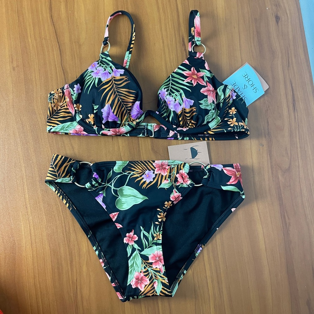 Shade & Shore Tropical Floral 2-piece Bikini Set Black w/ Ring 34B Top XS Bottom